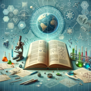 DALL·E 2023-12-18 18.47.33 - An image representing the theme of scientific journal publishing. The focus is on a large, open scientific journal prominently displayed in the center