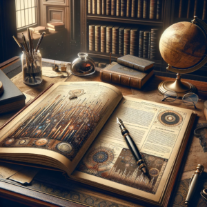 DALL·E 2023-12-19 15.09.34 - An artistic representation of academic journal publishing. The image shows an open, detailed academic journal lying on an antique wooden desk. The jou
